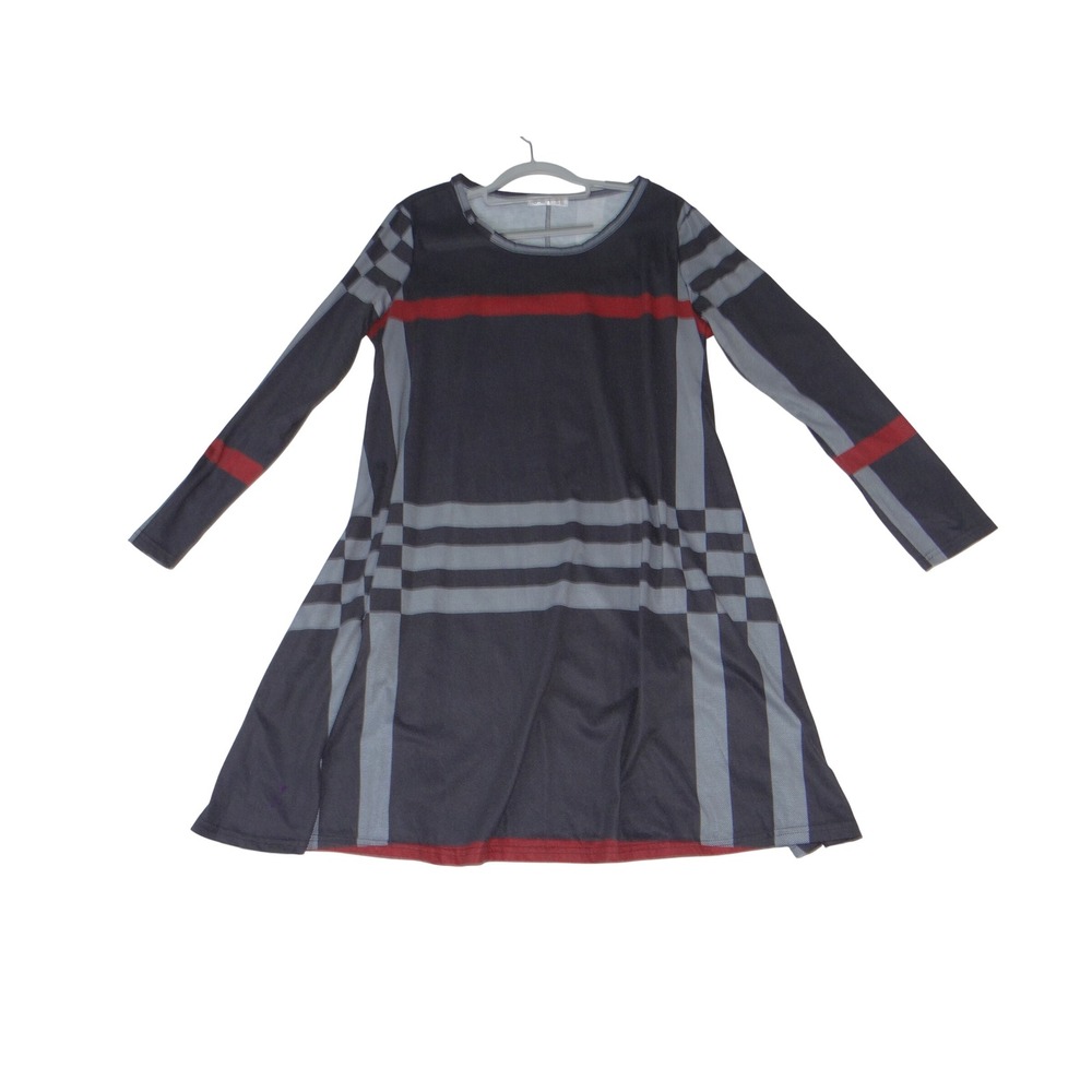 SMYS Womens 3XL Plaid A-Line Dress Long Sleeve Grey Red Check Jersey Tunic